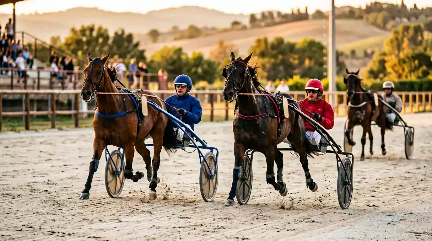 Due cavalli affiancati nel finale di una corsa di trotto, scommessa Accoppiata e Trio in ordine d'arrivo