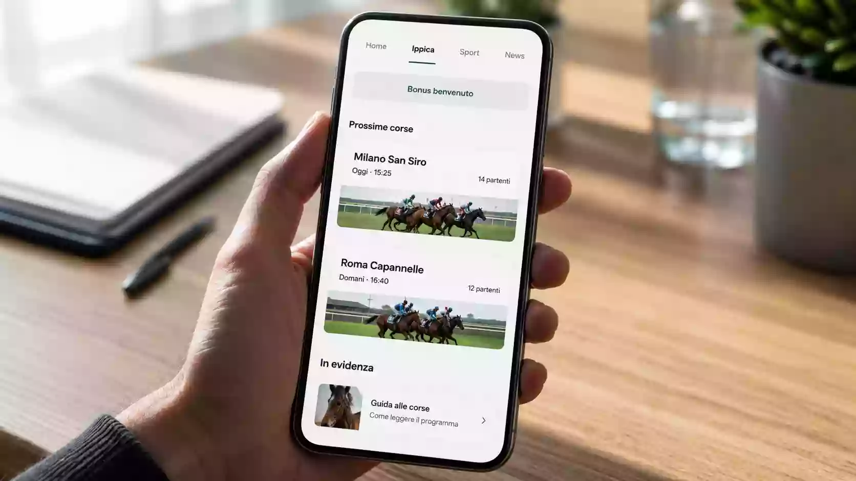 Smartphone con app di scommesse con sezione ippica e banner bonus benvenuto