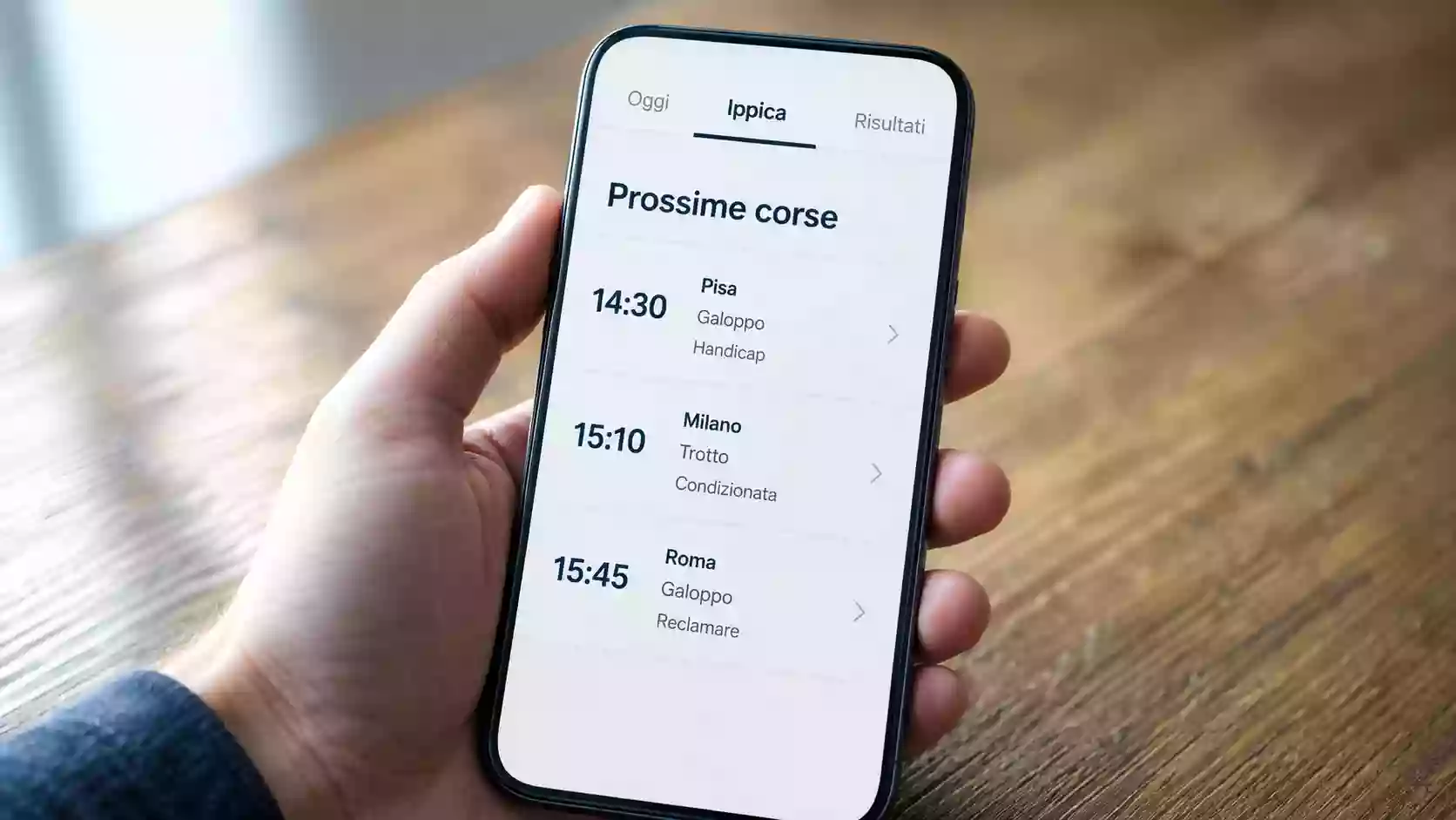 Smartphone con l'app Sisal sezione ippica aperta in modalità ritratto