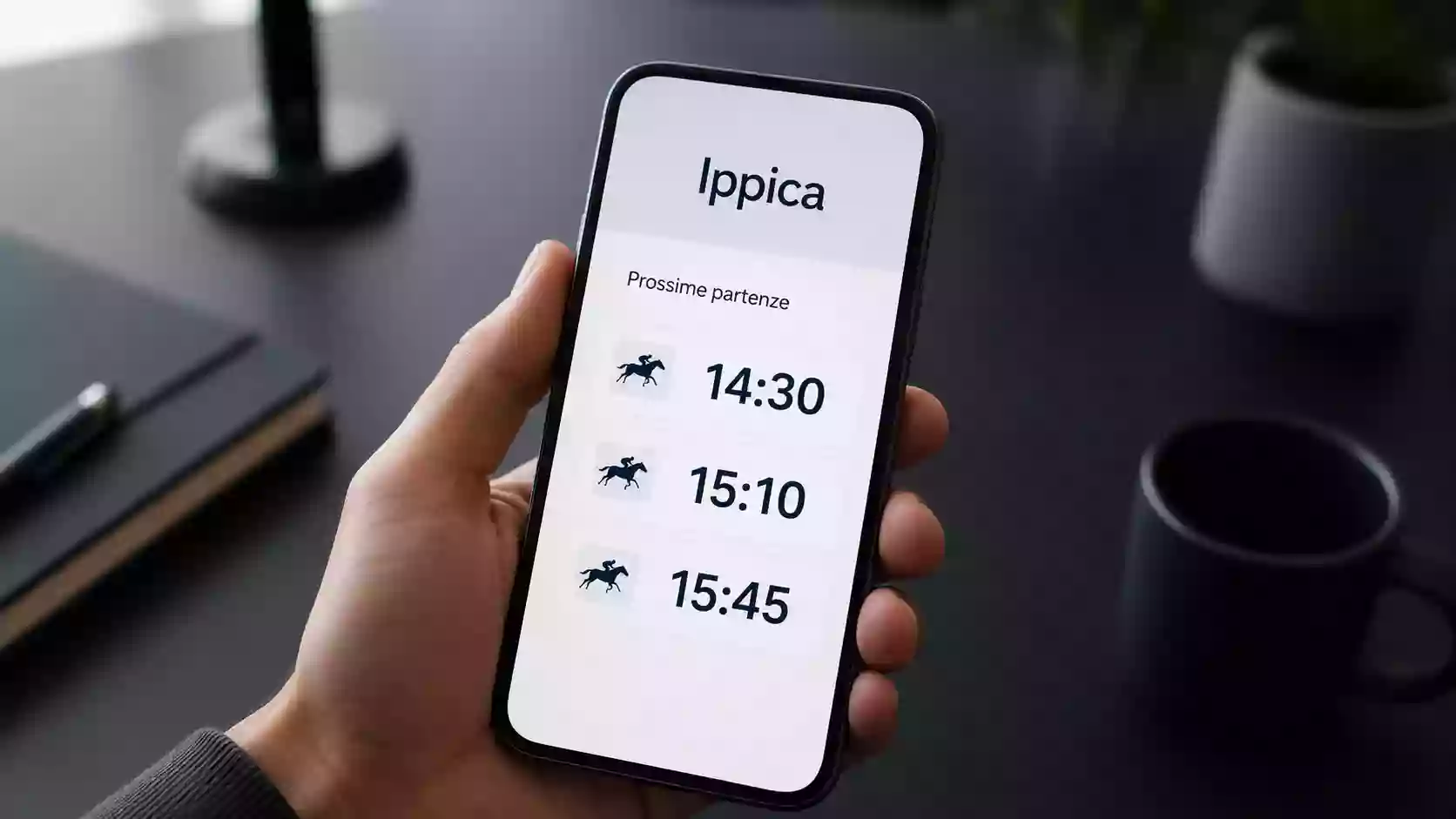 Smartphone con la sezione corse dell'app Snai ippica aperta in homepage