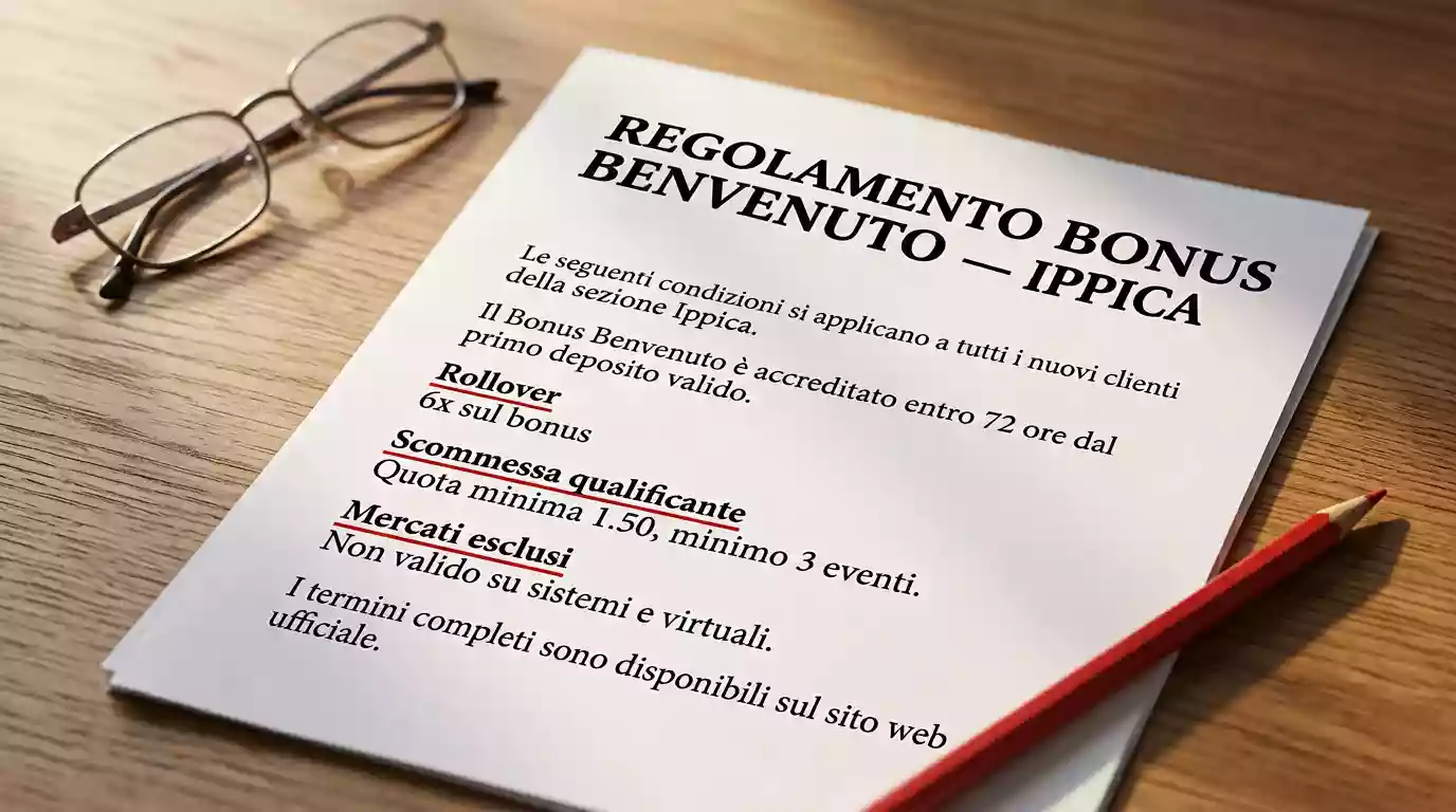 Documento stampato con il regolamento di un bonus benvenuto per scommesse ippiche, evidenziato con una matita rossa