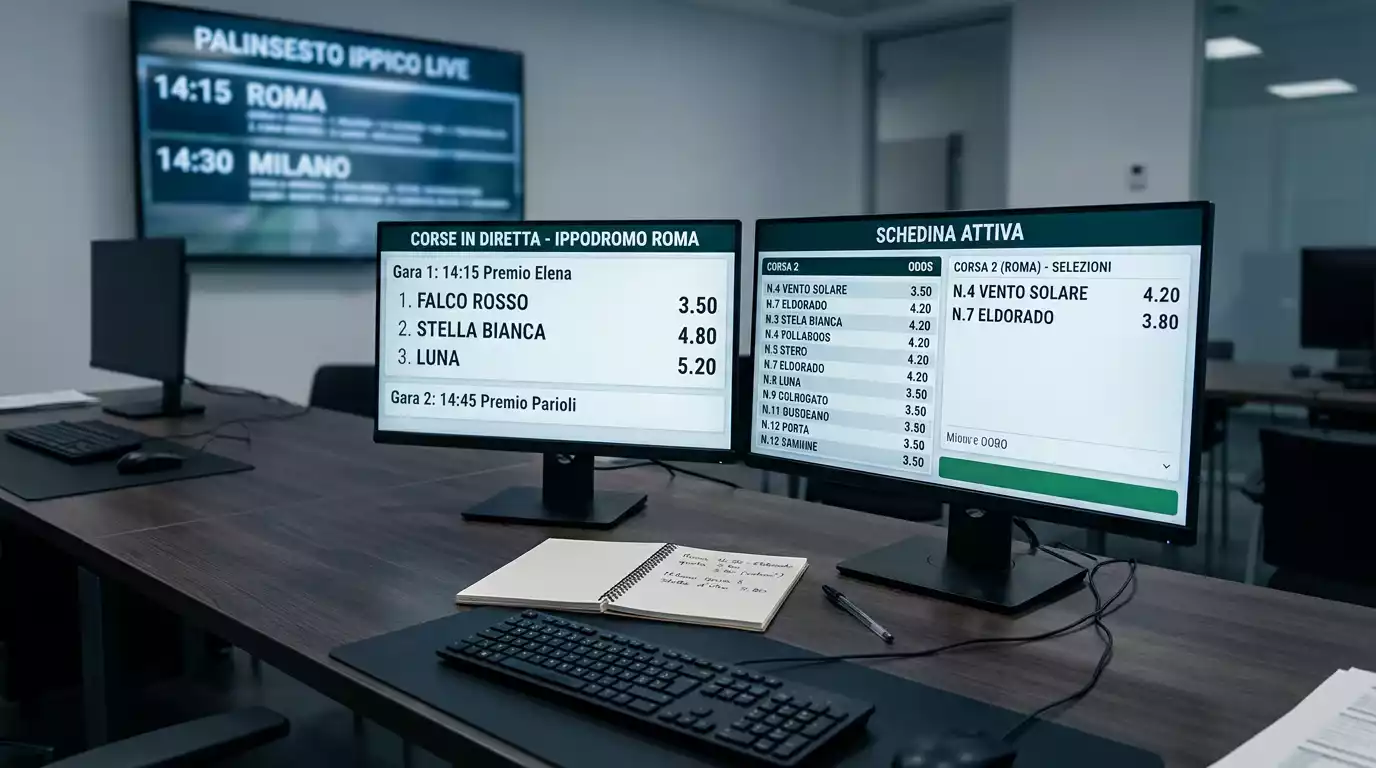 Sala operativa di un bookmaker con tabellone delle quote fisse aggiornate sulle corse ippiche del giorno