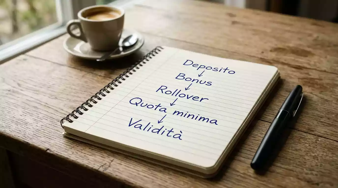 Annotazioni manoscritte su un taccuino con il calcolo del costo effettivo del rollover di un bonus benvenuto ippica