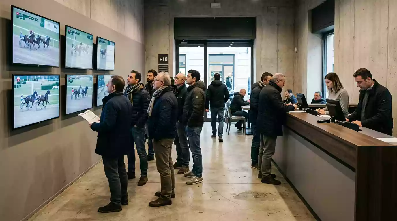 Panoramica di una sala di un'agenzia di scommesse italiana con monitor che trasmettono diverse corse ippiche in diretta