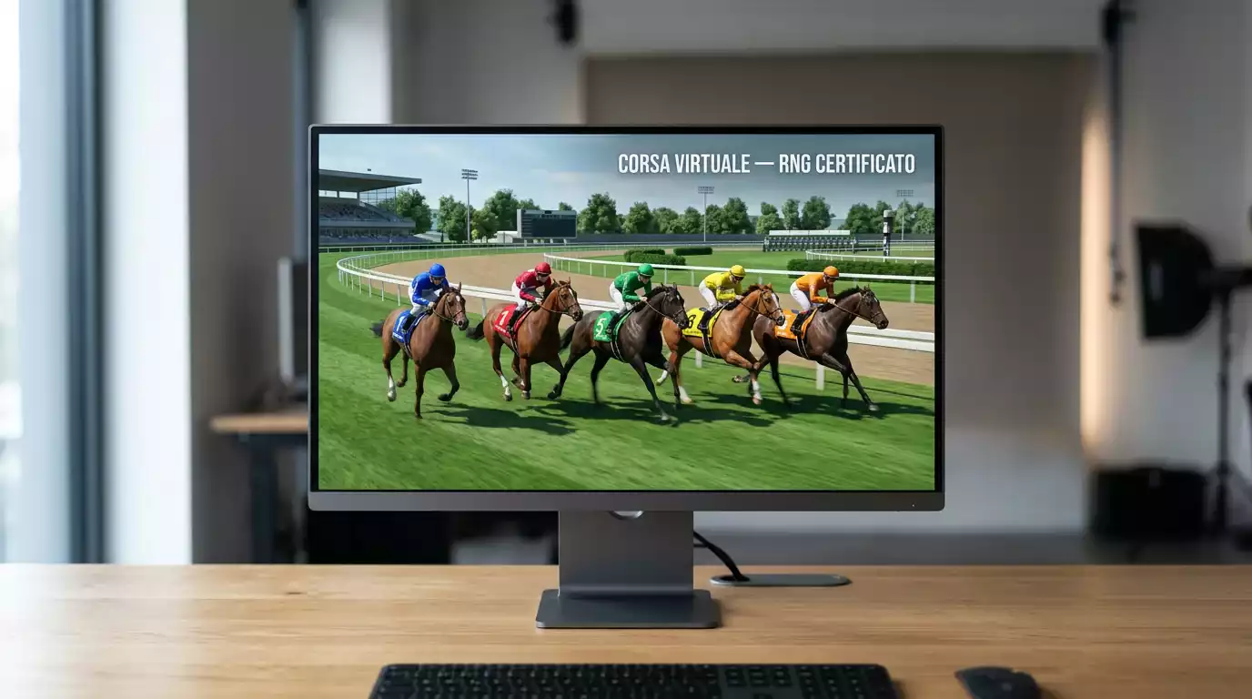 Corsa virtuale di ippica generata da algoritmo RNG certificato e trasmessa sull'app di un bookmaker ADM