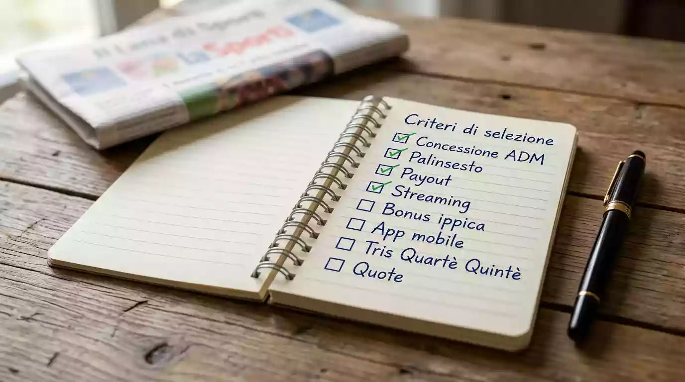 Blocco di appunti con una checklist scritta a mano sui criteri di valutazione di un sito di scommesse ippiche