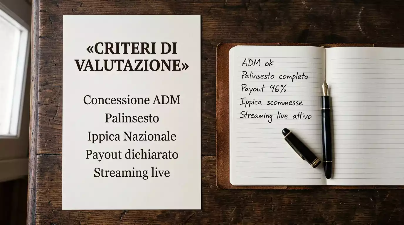 I cinque criteri di valutazione applicati per scegliere un bookmaker ippico ADM: concessione, palinsesto, mercati Ippica Nazionale, payout e streaming