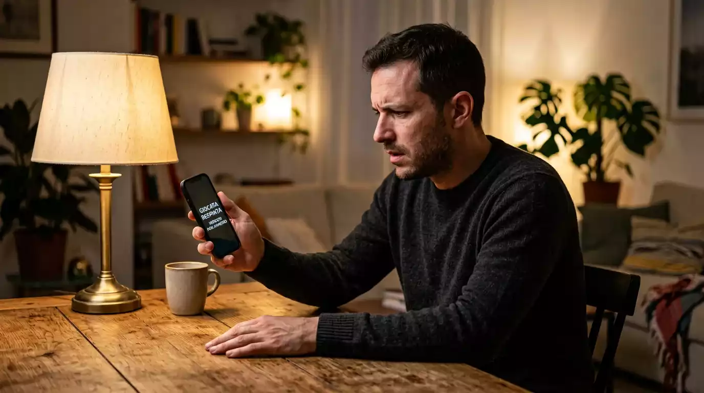 Scommettitore perplesso davanti a uno smartphone con una giocata respinta dal sistema di un bookmaker per esclusione del mercato dal bonus