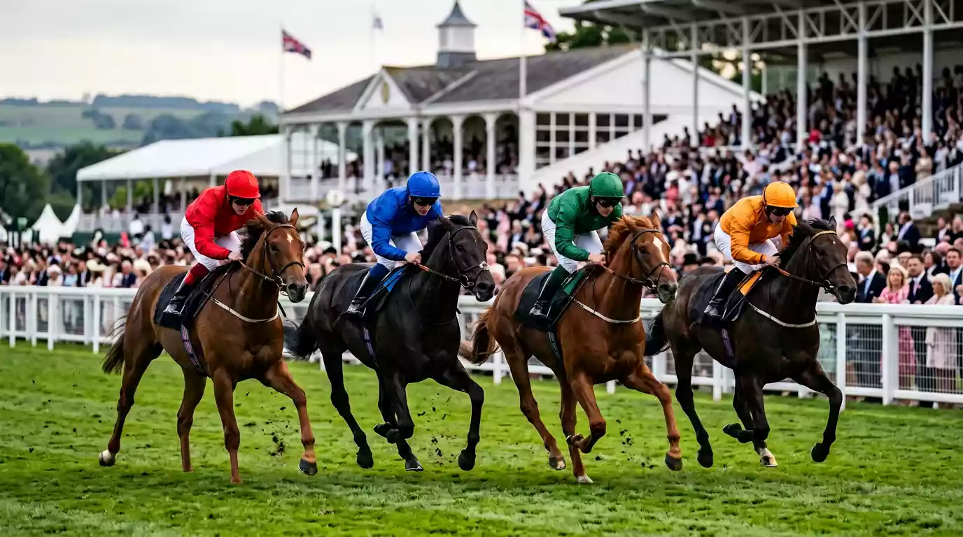 Corsa di galoppo a Royal Ascot con cavalli al gran completo nella retta finale, evento internazionale coperto da Eurobet