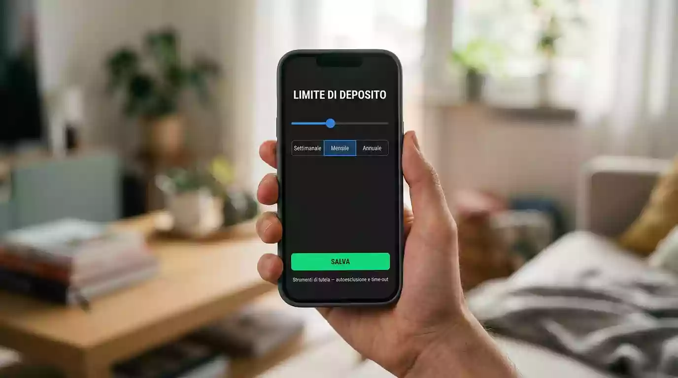 Schermo di uno smartphone che mostra la pagina di impostazione del limite di deposito su un conto di gioco autorizzato