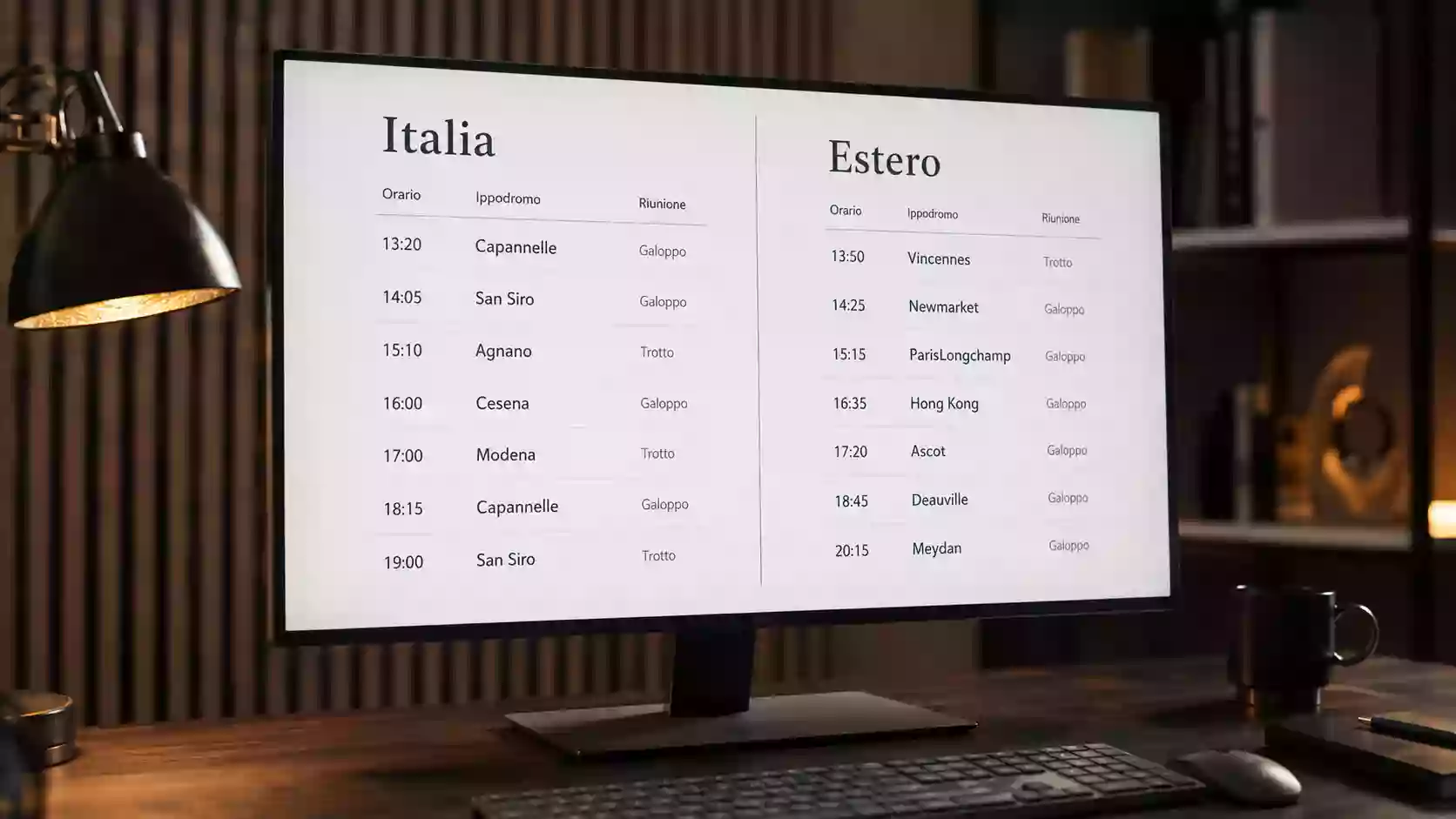 Schermata di un sito di scommesse con corse italiane e internazionali in palinsesto