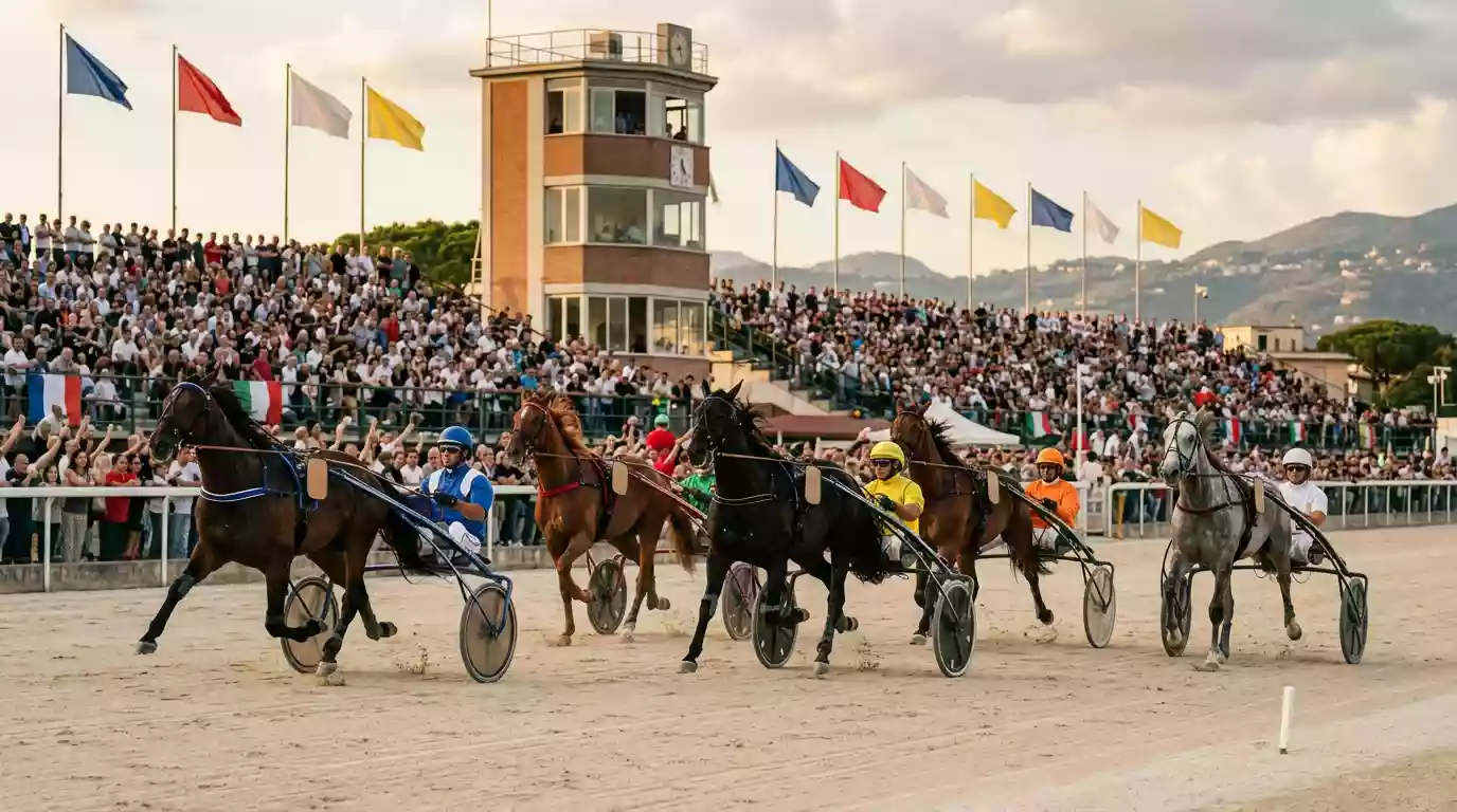 Tribune affollate dell'ippodromo di Agnano durante il Gran Premio Lotteria con pool del totalizzatore di grande dimensione
