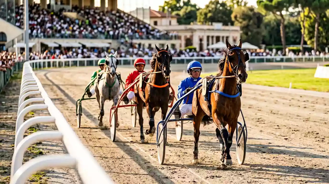 Cavalli al trotto con sulky lanciati lungo il rettilineo finale di un ippodromo italiano in una giornata di gara
