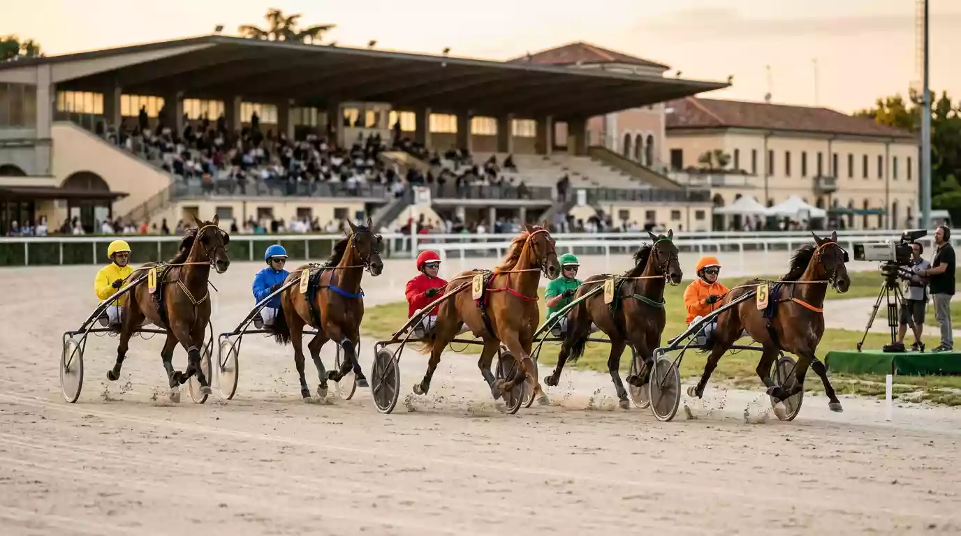 Ippodromo italiano di trotto con corsa in svolgimento ripresa per la trasmissione streaming dei bookmaker ADM