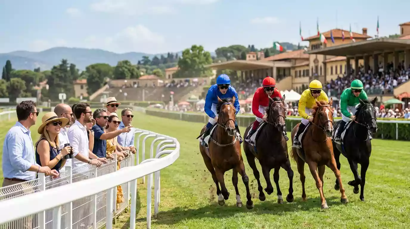 Pubblico sulla tribuna di un ippodromo italiano durante una corsa di galoppo in pieno sole