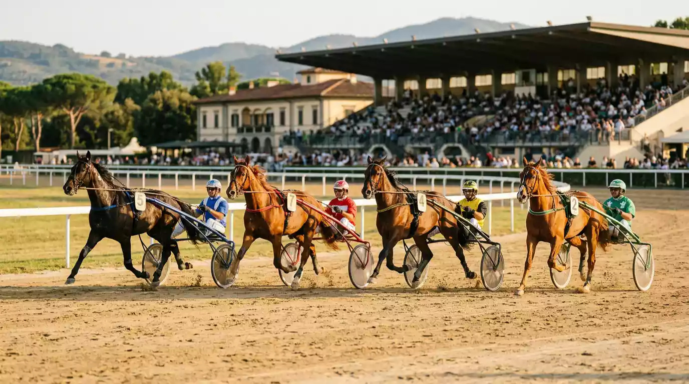 Ippodromo italiano del gruppo Snaitech con corsa di trotto in svolgimento, infrastruttura di riferimento del bookmaker Snai