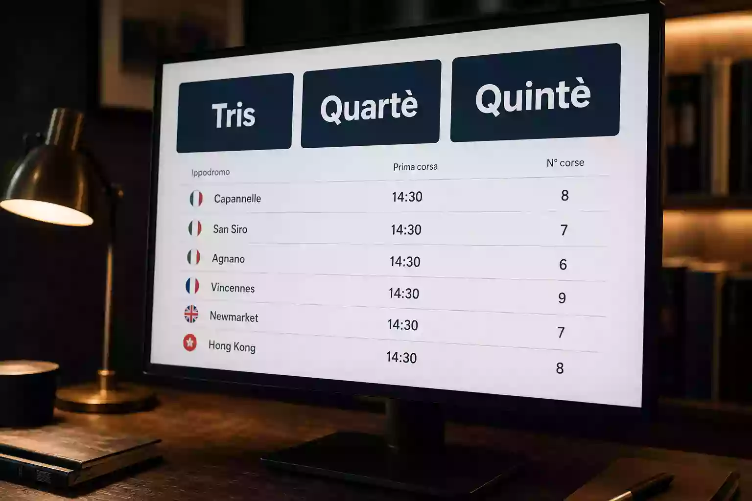 Schermata di scommessa con i mercati Tris, Quartè e Quintè dell'Ippica Nazionale