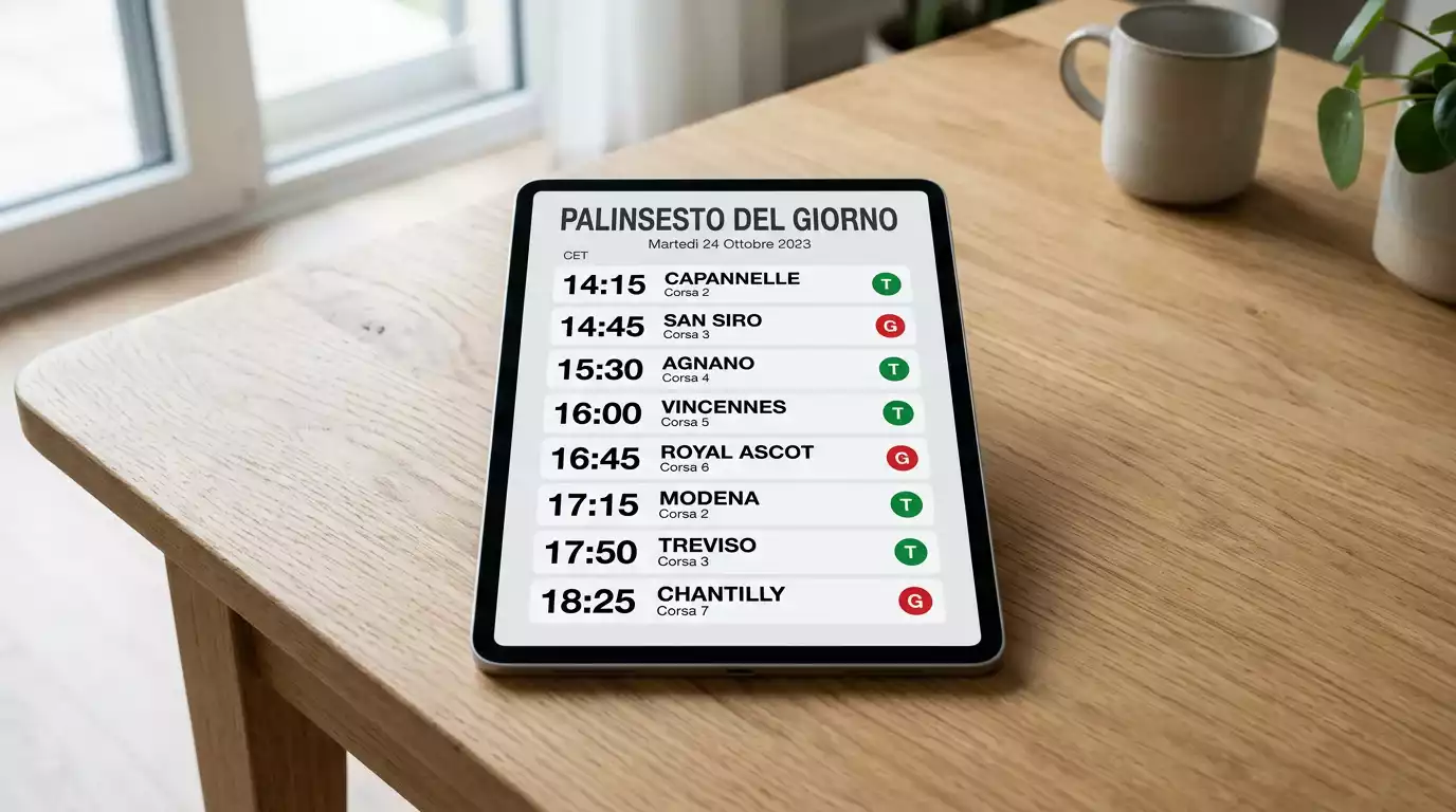 Lettura del palinsesto giornaliero di un bookmaker con sigle ippodromi, orari CET e tipologie di corsa