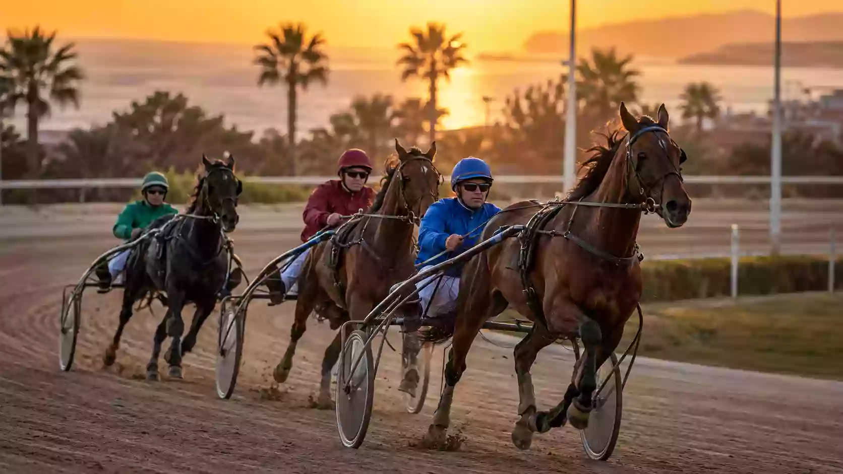 Trottatori in azione su una pista invernale francese al tramonto