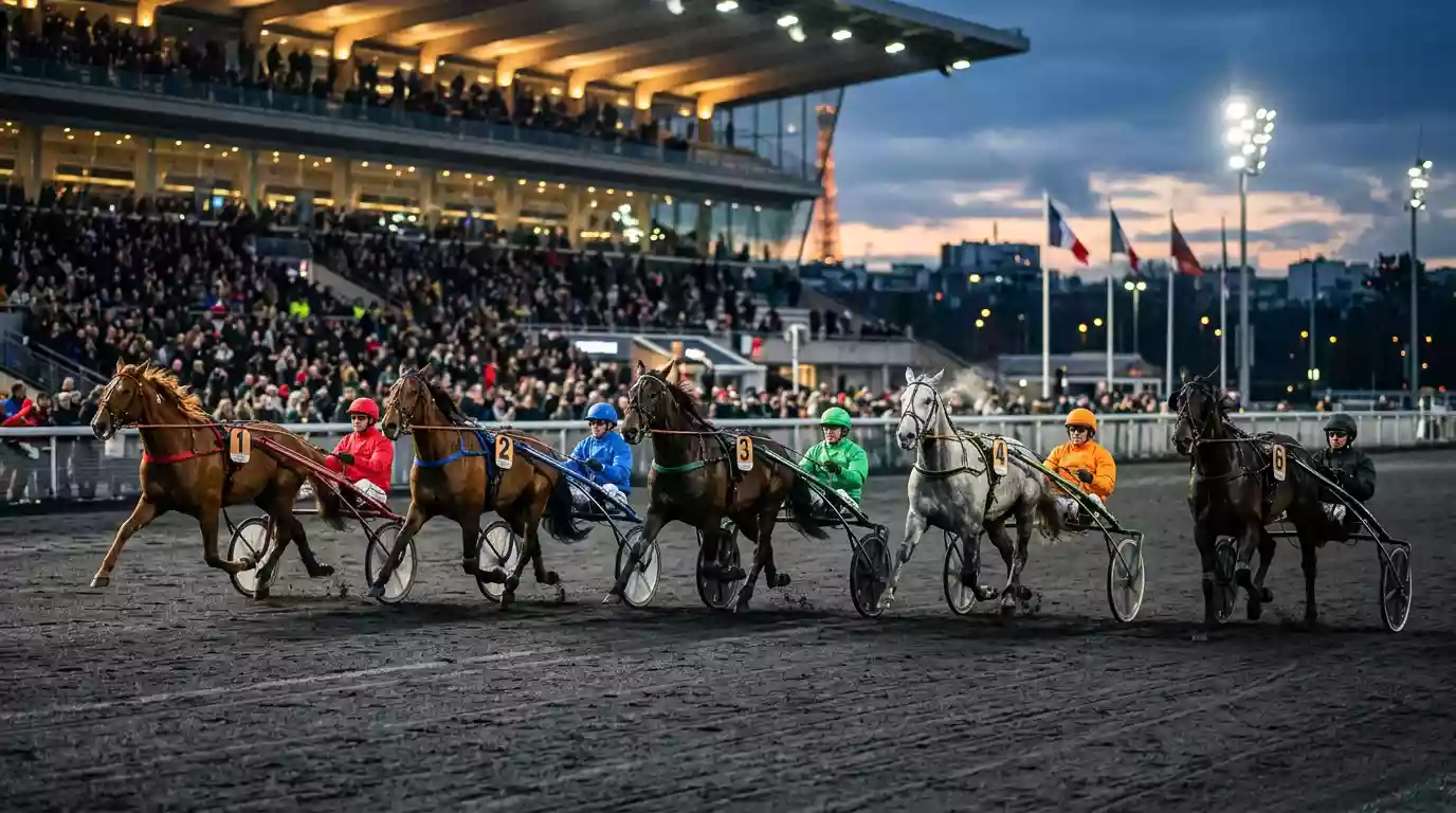 Trotto del Prix d'Amérique all'ippodromo di Vincennes con i cavalli francesi al sulky in fase di partenza