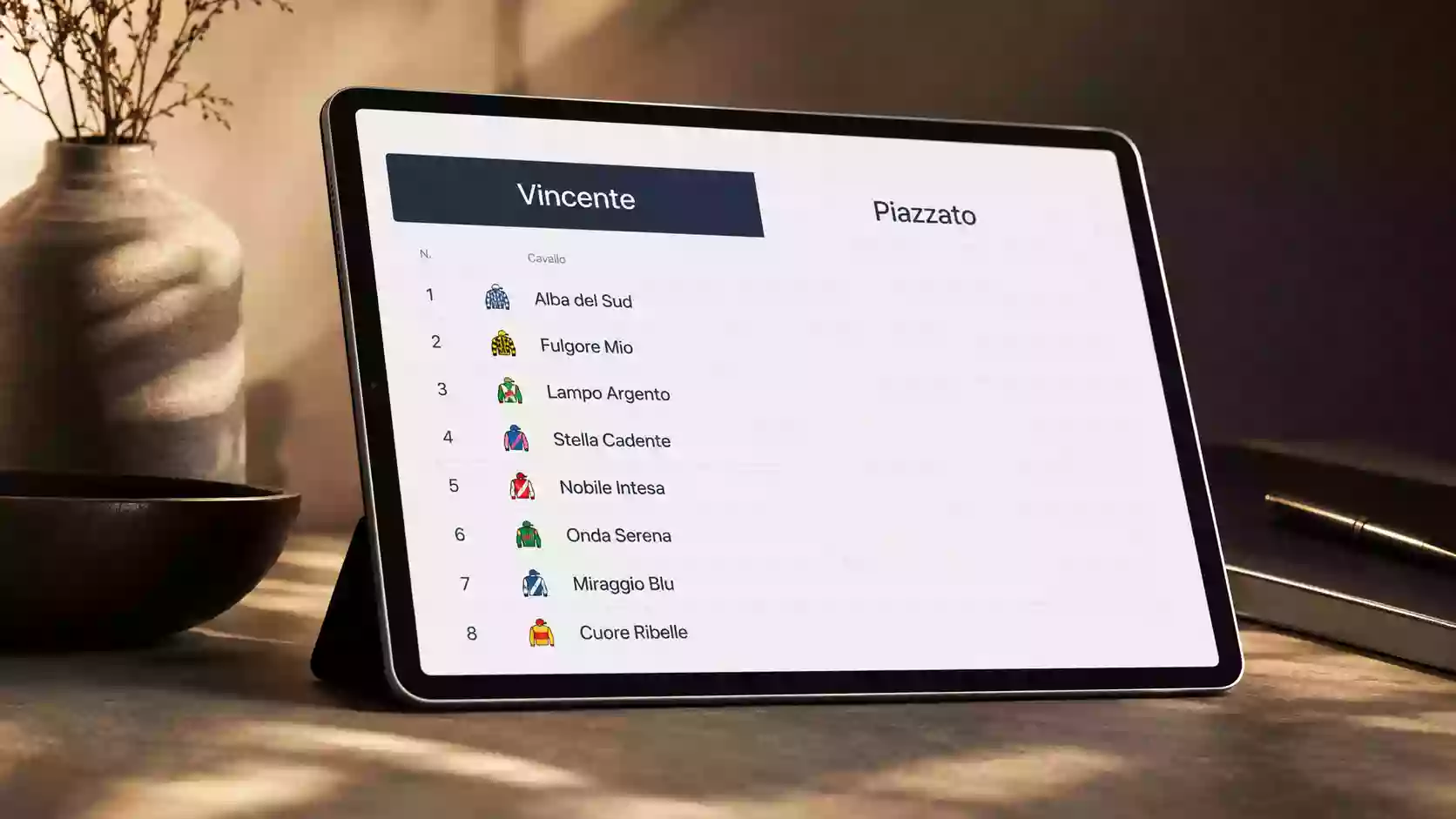 Tablet con dettaglio quote Vincente e Piazzato di una corsa di trotto