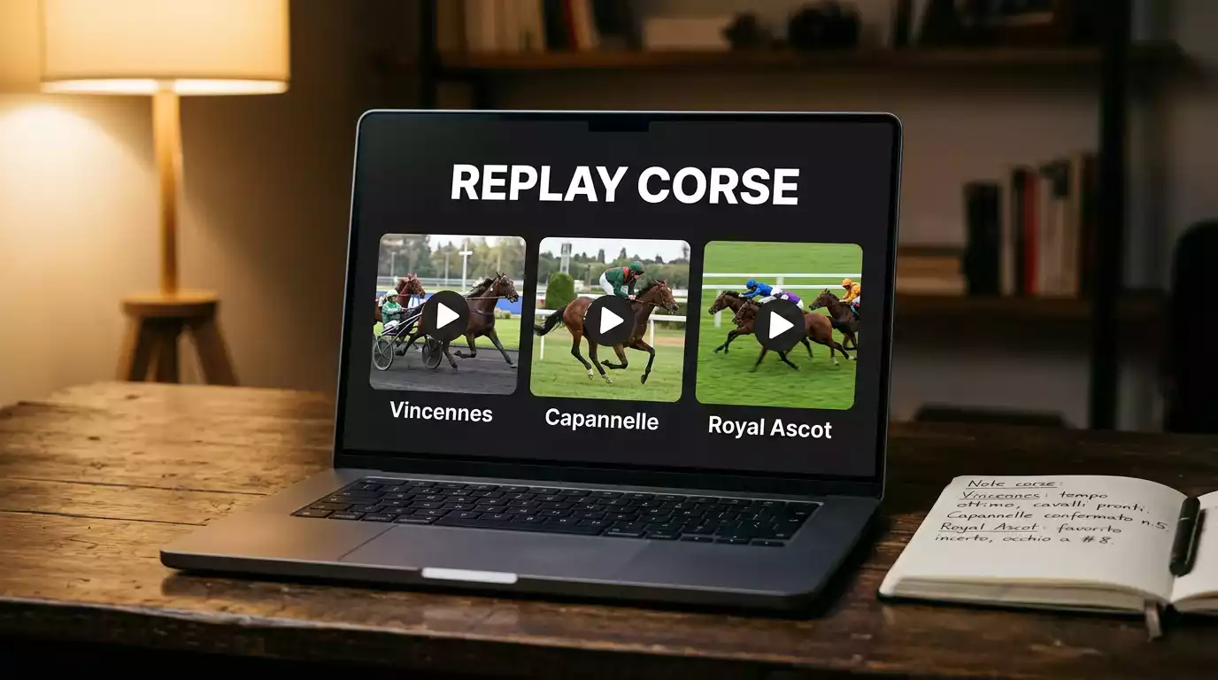 Archivio video di replay delle corse ippiche accessibile dal conto di un bookmaker ADM per l'analisi del pronostico