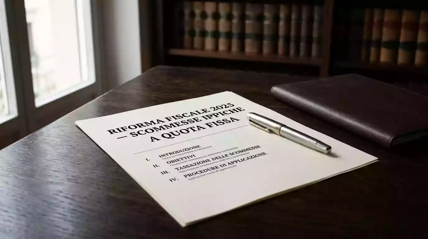 Scrivania con la copia del decreto sulla riforma del prelievo erariale delle scommesse ippiche del 2025 e una penna stilografica
