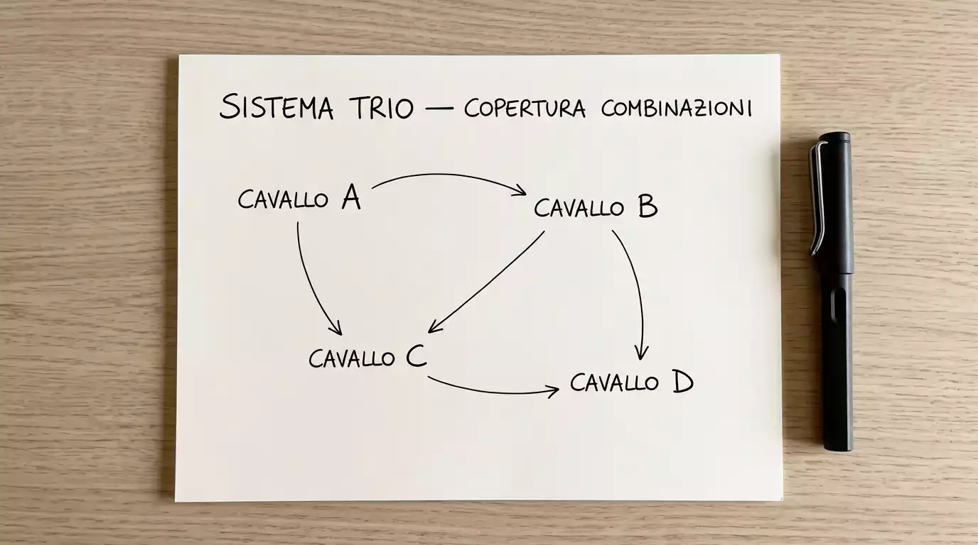 Combinazioni di un sistema ippico con più cavalli incrociati in scommessa Trio per coprire diversi pronostici