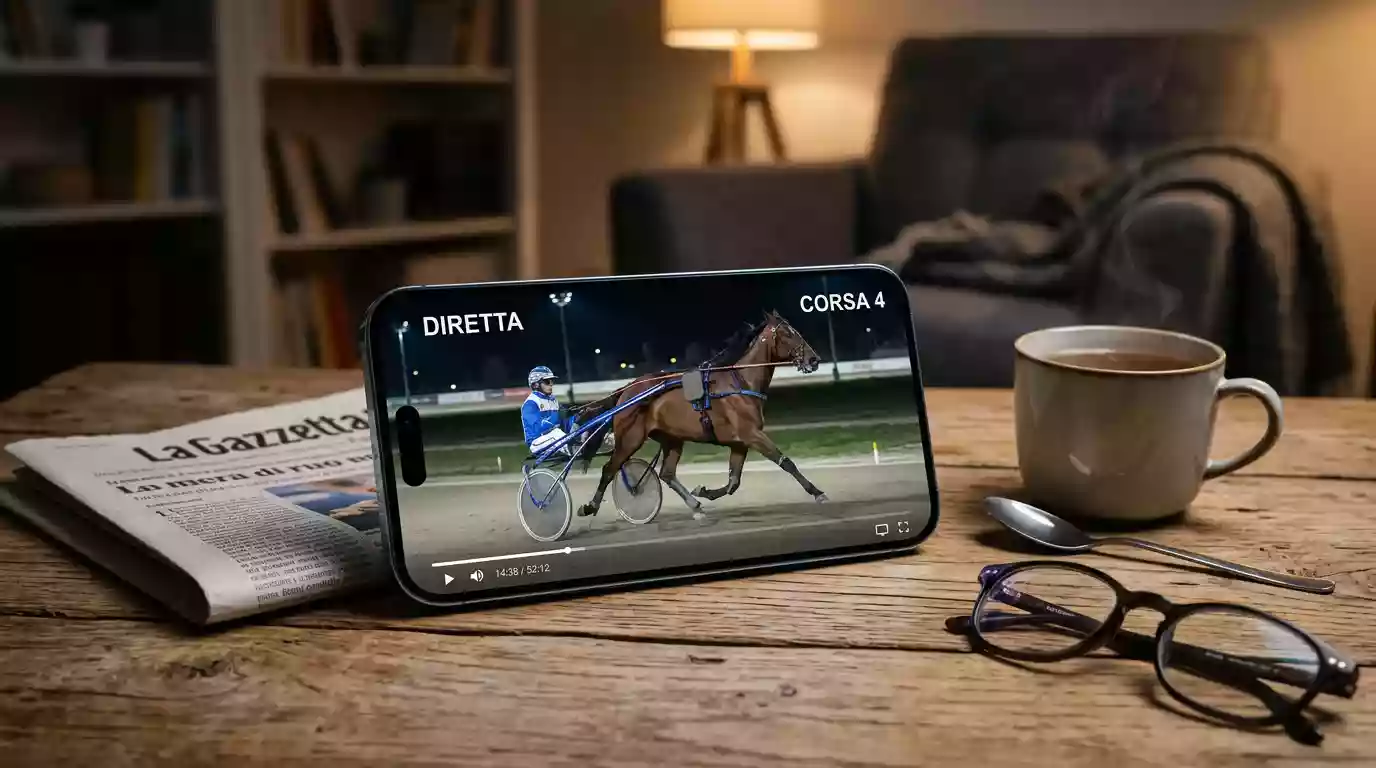 Smartphone appoggiato su un tavolo con la diretta streaming di una corsa di trotto trasmessa da un bookmaker italiano