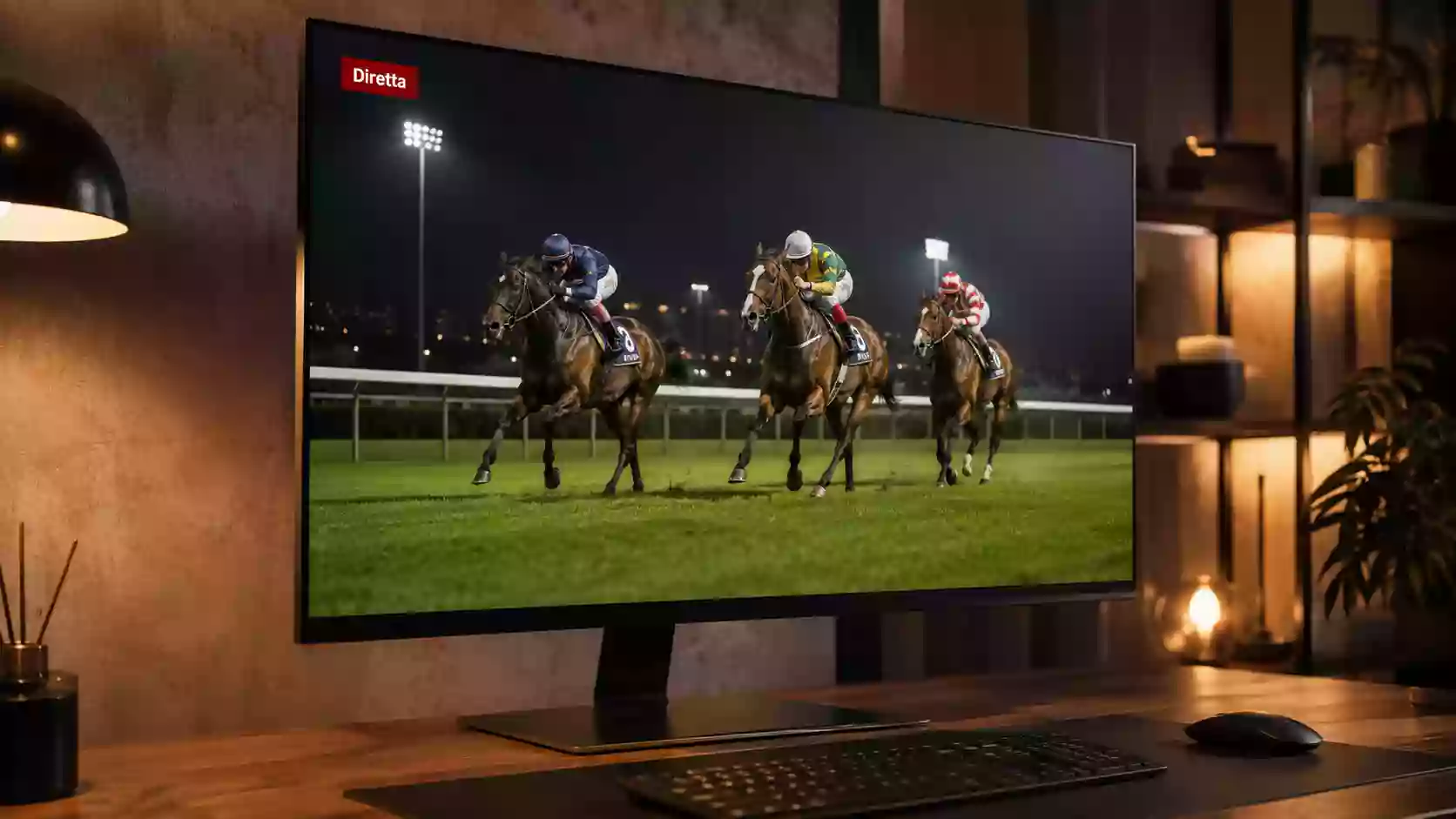 Monitor con streaming live di una corsa di galoppo italiana in serata
