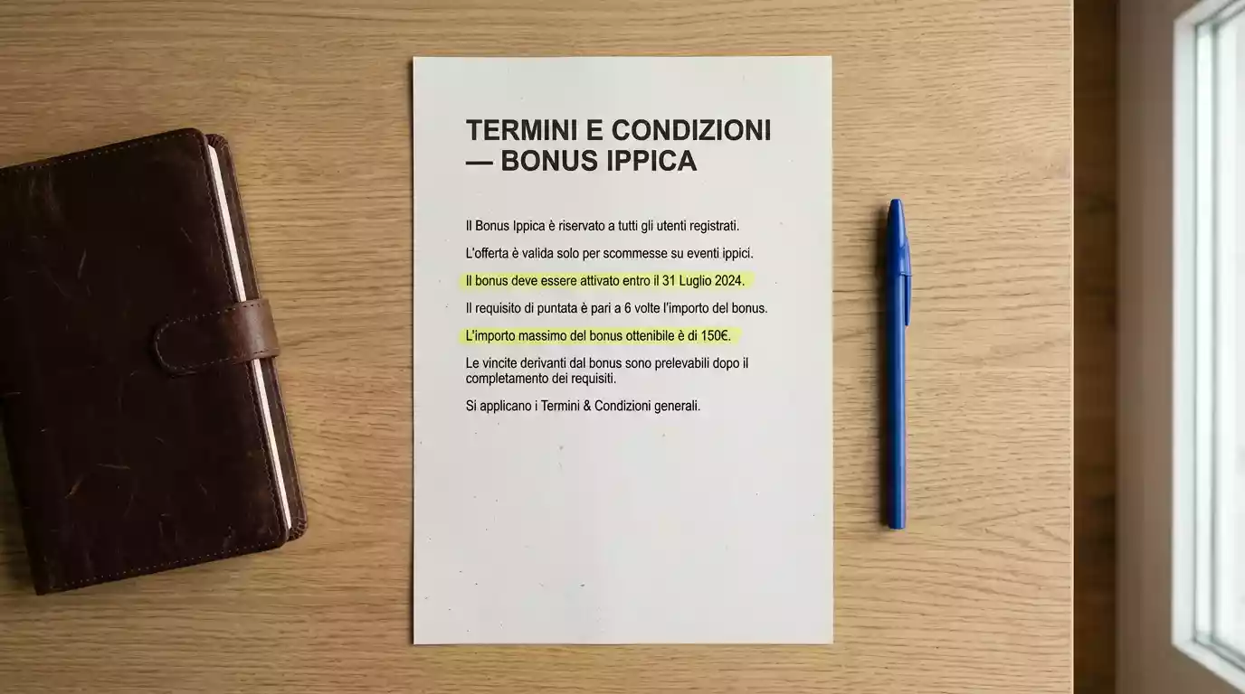 Lettura attenta dei termini e condizioni di un bonus benvenuto ippica con evidenziati i parametri di rollover e quota minima