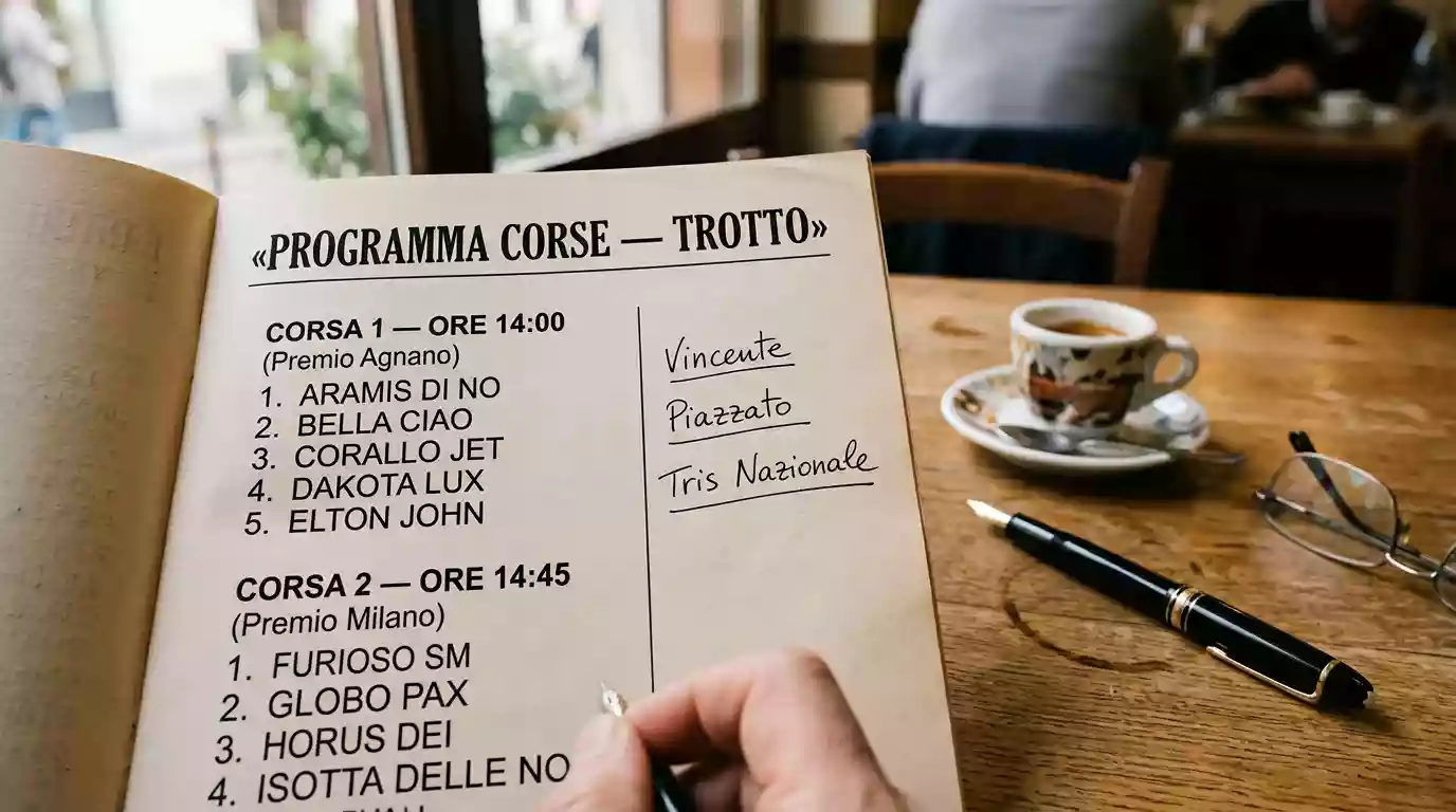 Programma di corse cartaceo con annotazioni a penna su Vincente, Piazzato e Tris Nazionale accanto a una tazza di caffè