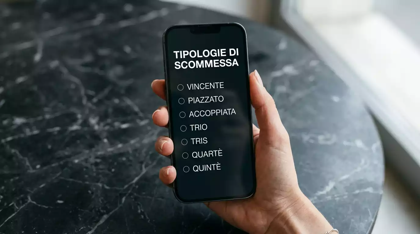 Selezione delle tipologie di scommesse ippiche disponibili su un bookmaker ADM: Vincente, Piazzato, Accoppiata, Trio, Tris, Quartè e Quintè