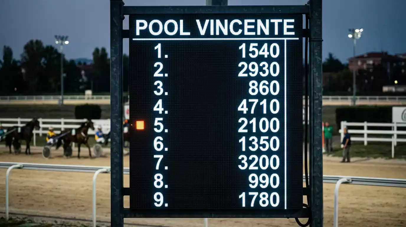 Tabellone del totalizzatore nazionale dell'ippica con le quote di pool che si aggiornano in tempo reale prima della partenza