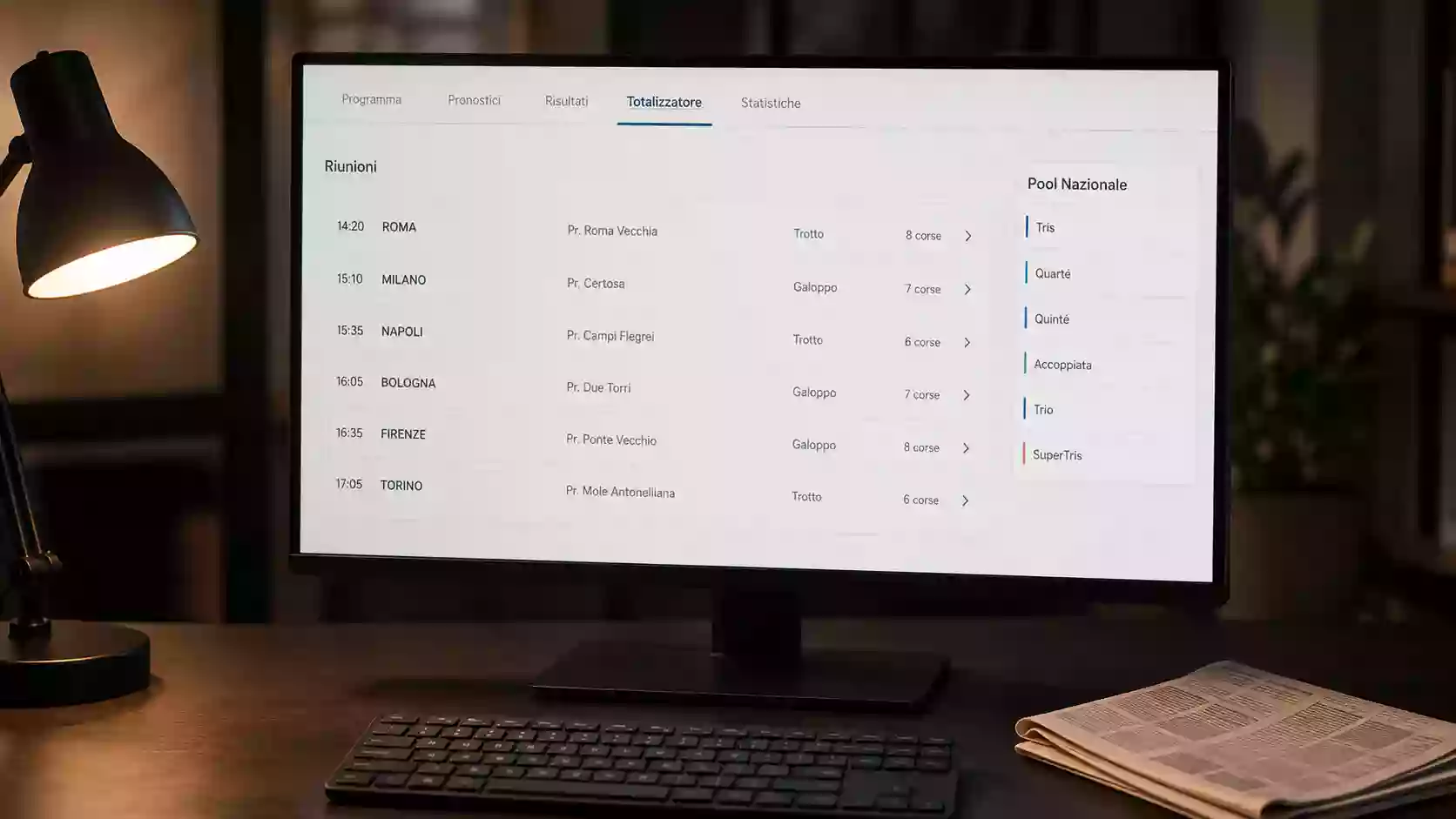 Schermo con interfaccia del totalizzatore ippico e dettaglio del pool nazionale