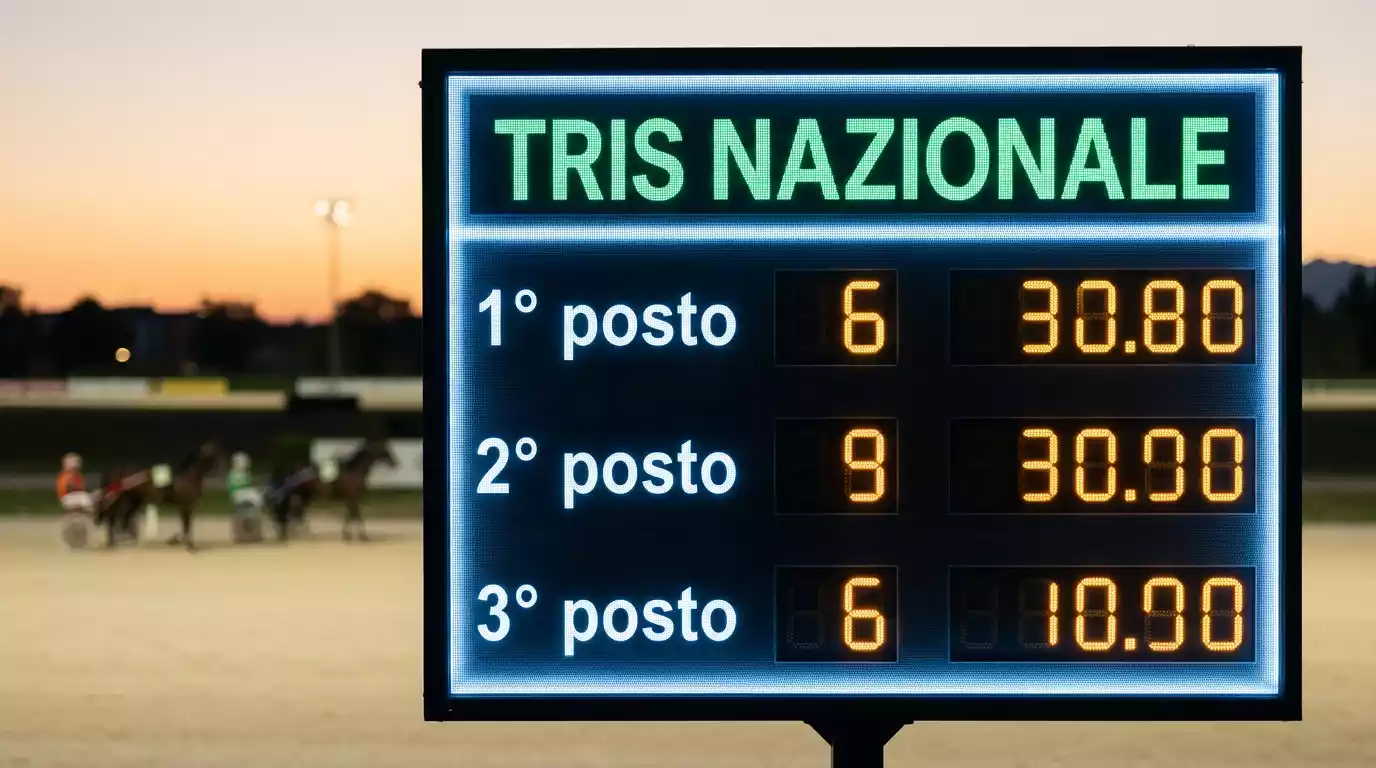 Tabellone del Tris nazionale dell'Ippica Nazionale con pronostico dei primi tre cavalli in ordine d'arrivo